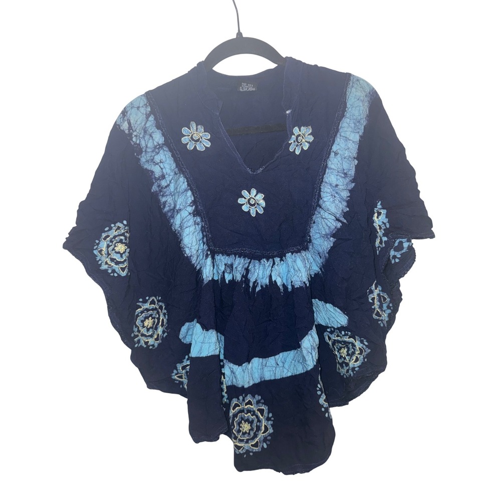 Kirat Blue Batik Floral Embroidered Rayon Poncho Top One Size Boho Tie Dye READ